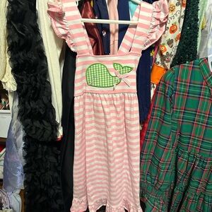 Pink and White Striped Dress with Green Whale